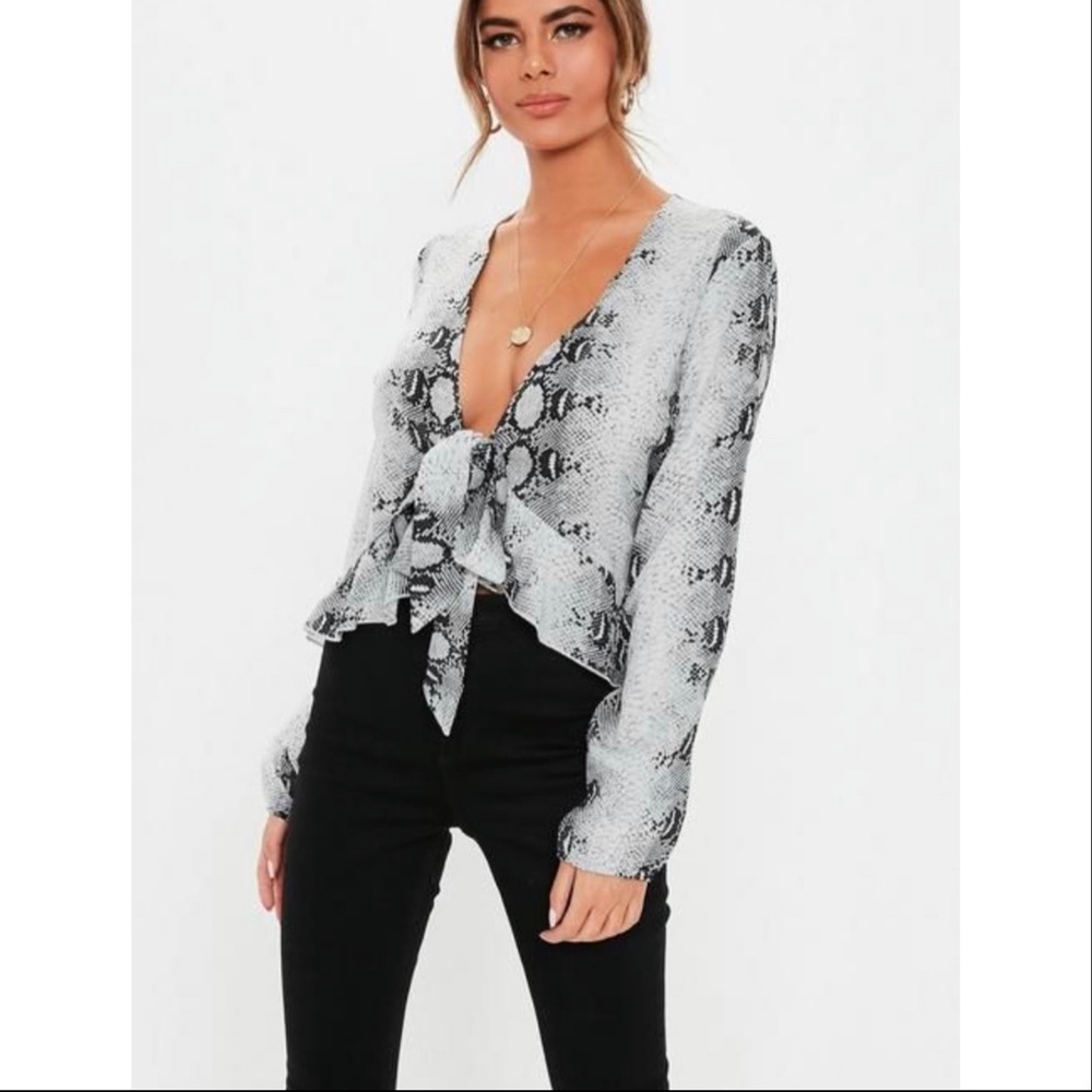 Missguided Snake Skin Ruffle Hem Tie Blouse